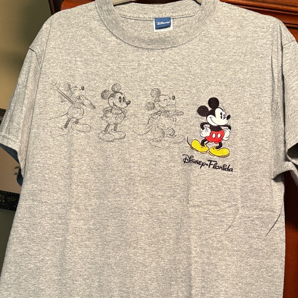 Disney Gray T-Shirt with Mickey Mouse Sketches and embroidery. Adult size Med.